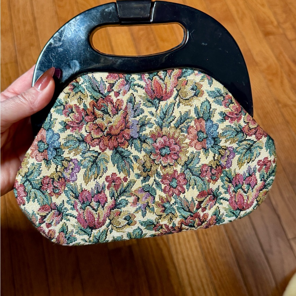 Vintage Tapestry Black Acrylic handle Clutch